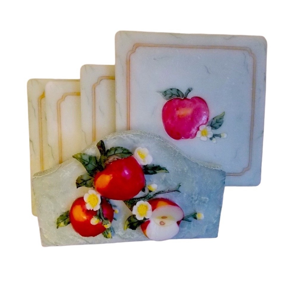New in Box Ceramic Hand Painted 4 Coasters and Stand with Apples Embossed Set